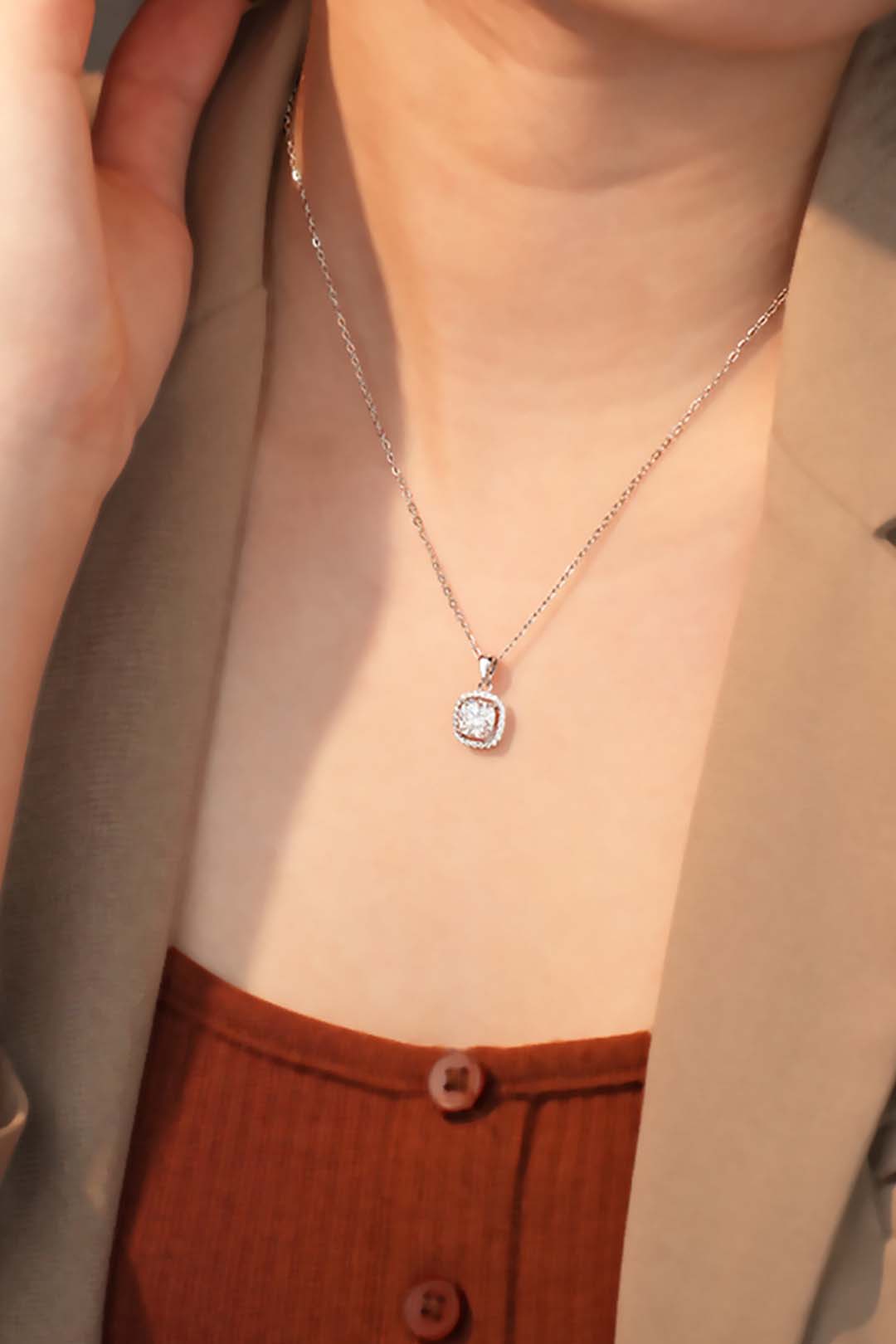 Brie Cushion Cut Moissanite Pendant in Sterling Silver With Rhodium Plating