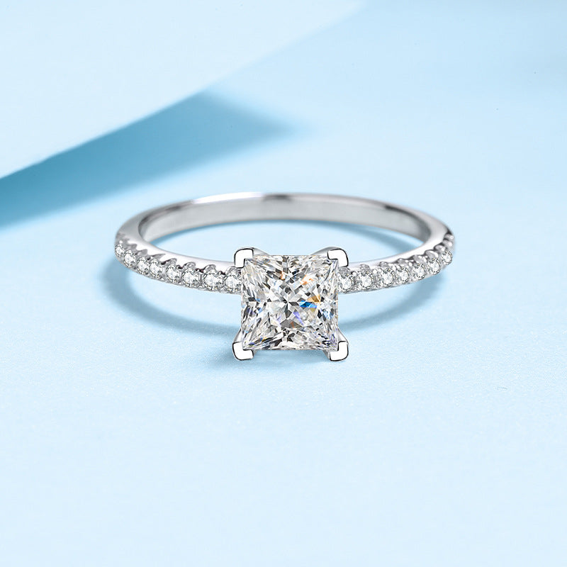 Evangeline Princess Cut Solitaire Moissanite Ring in Sterling Silver with Platinum Coating