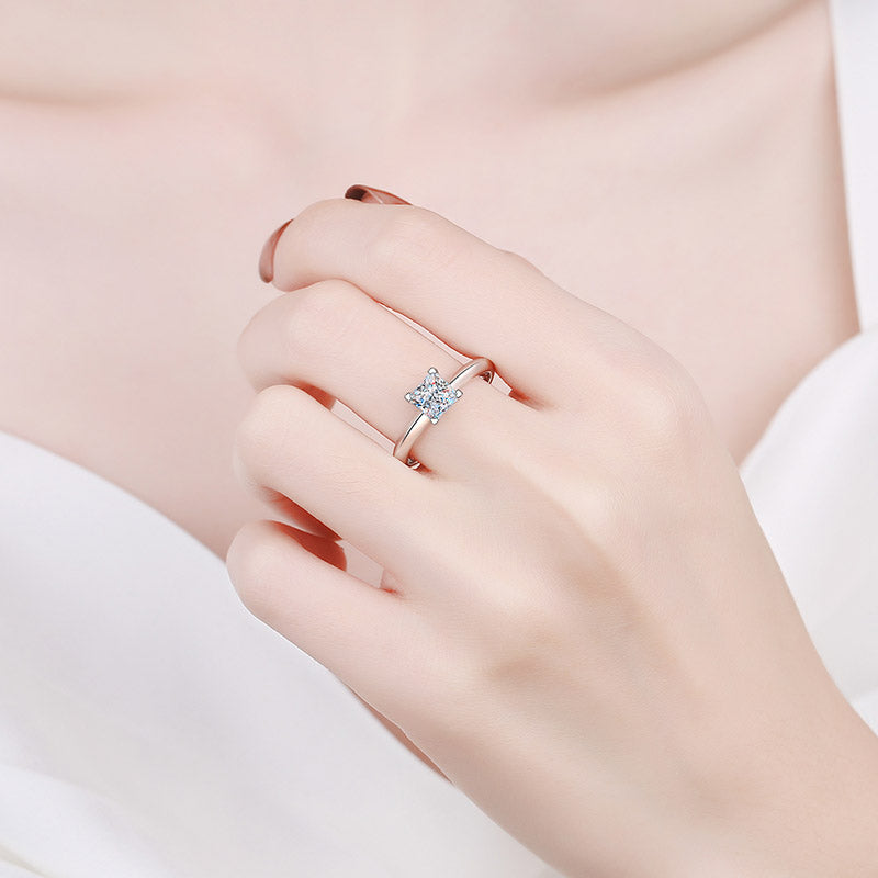 Rosalind Princess Cut Solitaire Moissanite Ring in Sterling Silver with Platinum Coating
