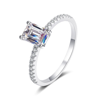 Seraphina Emerald Cut Solitaire Moissanite Ring in Sterling Silver with Platinum Coating
