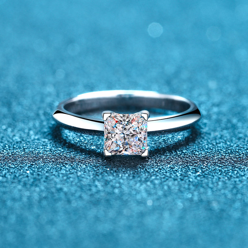 Rosalind Princess Cut Solitaire Moissanite Ring in Sterling Silver with Platinum Coating