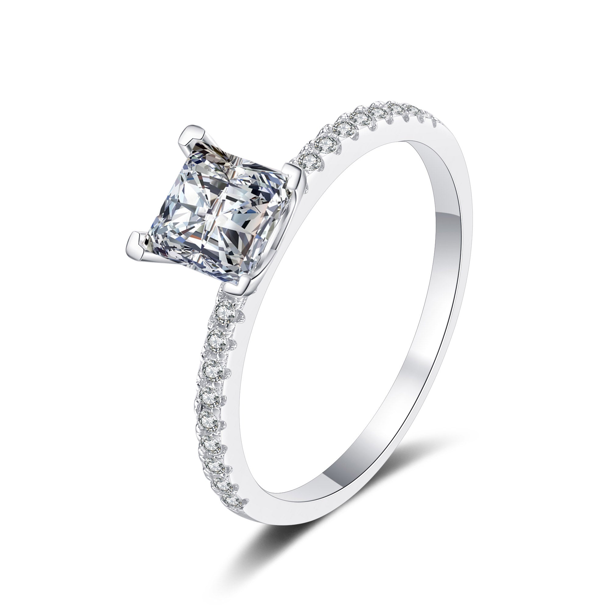 Evangeline Princess Cut Solitaire Moissanite Ring in Sterling Silver with Platinum Coating