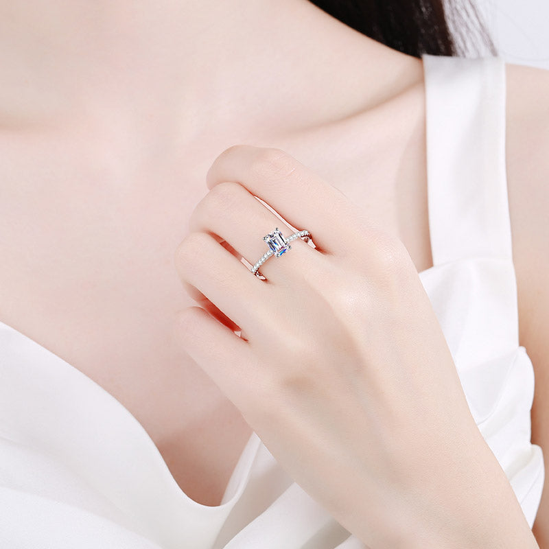 Seraphina Emerald Cut Solitaire Moissanite Ring in Sterling Silver with Platinum Coating