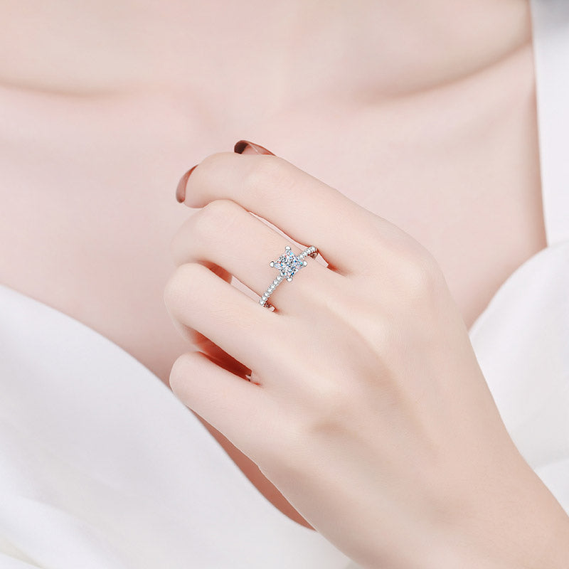 Evangeline Princess Cut Solitaire Moissanite Ring in Sterling Silver with Platinum Coating
