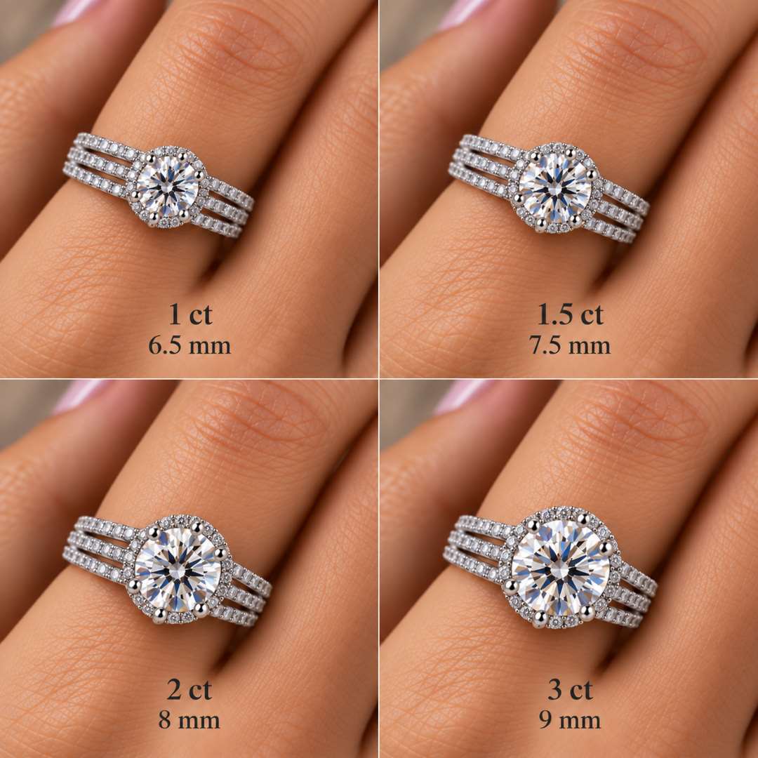 Halo Moissanite Ring with Triple Row Band