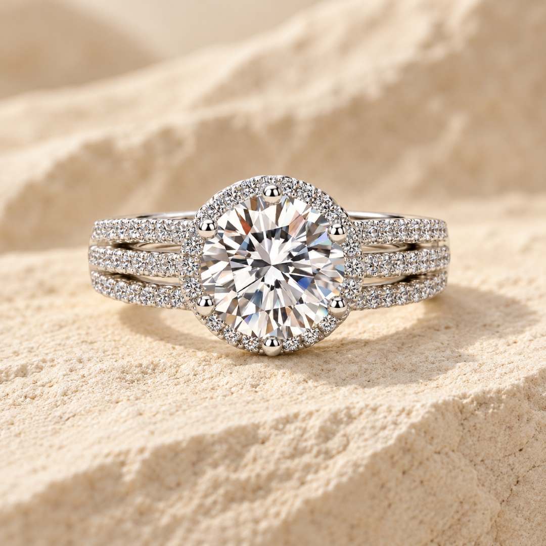 Halo Moissanite Ring with Triple Row Band