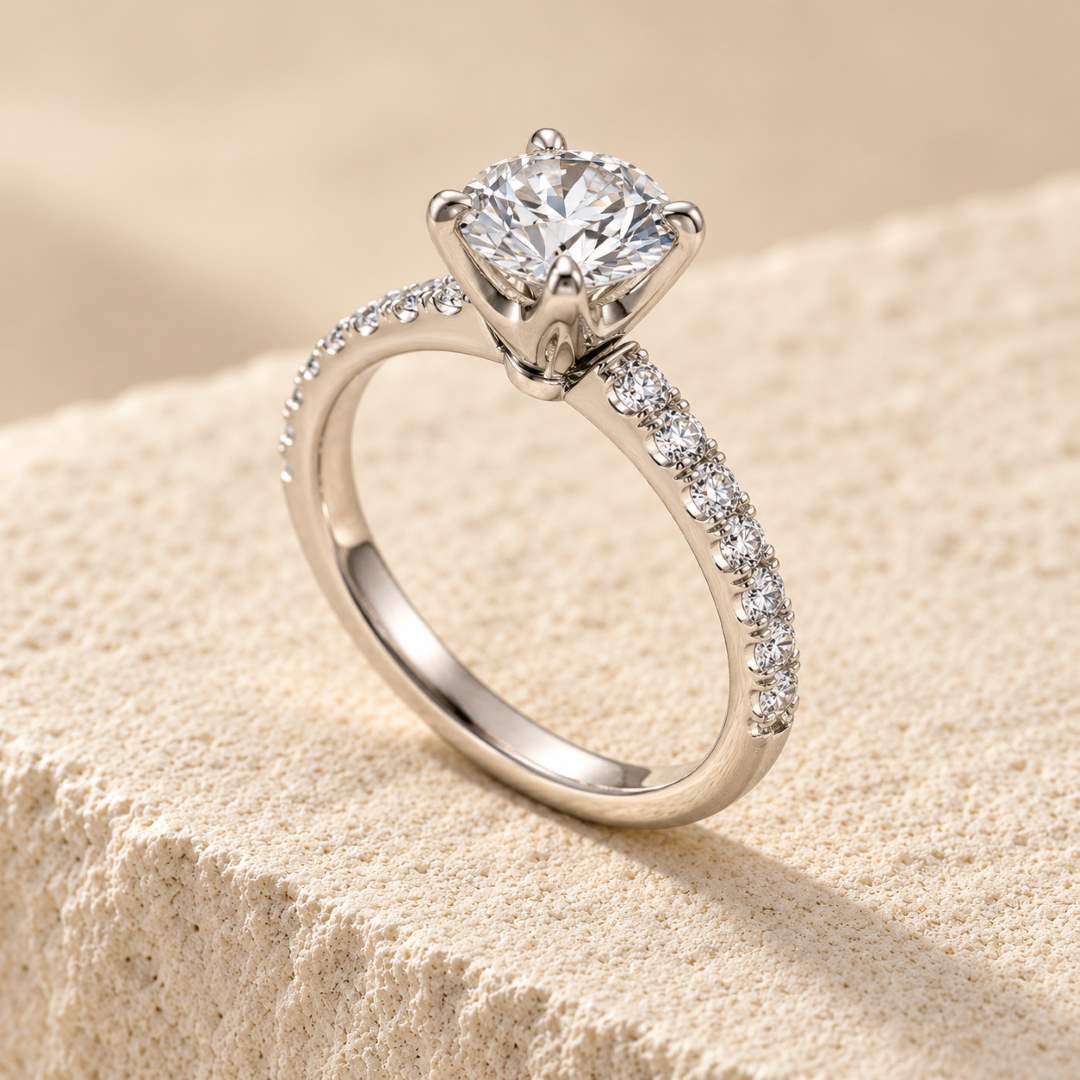 Round Pave Moissanite Solitaire Ring