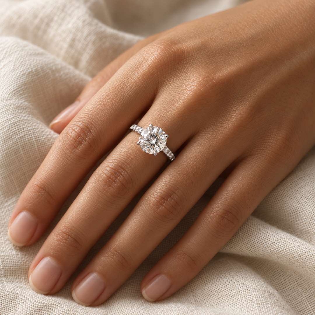 Round Pave Moissanite Solitaire Ring