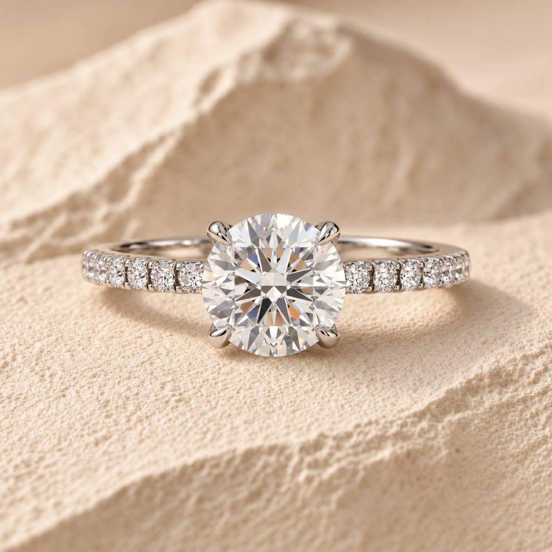 Round Pave Moissanite Solitaire Ring