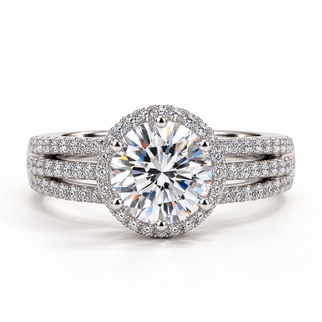 Halo Moissanite Ring with Triple Row Band