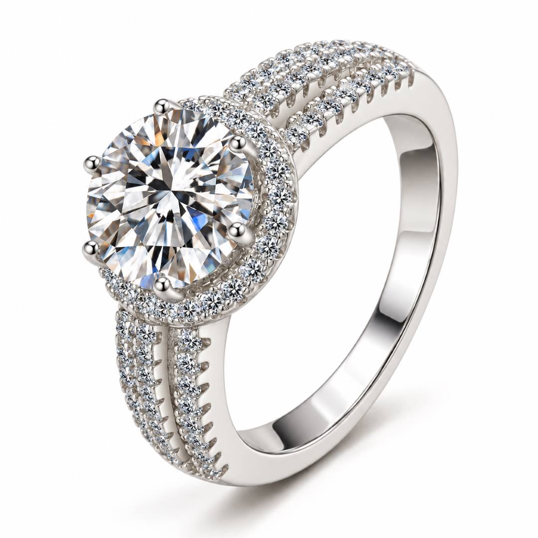Halo Moissanite Ring with Triple Row Band