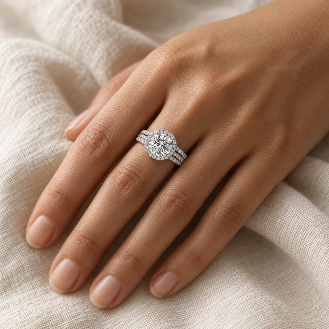 Halo Moissanite Ring with Triple Row Band