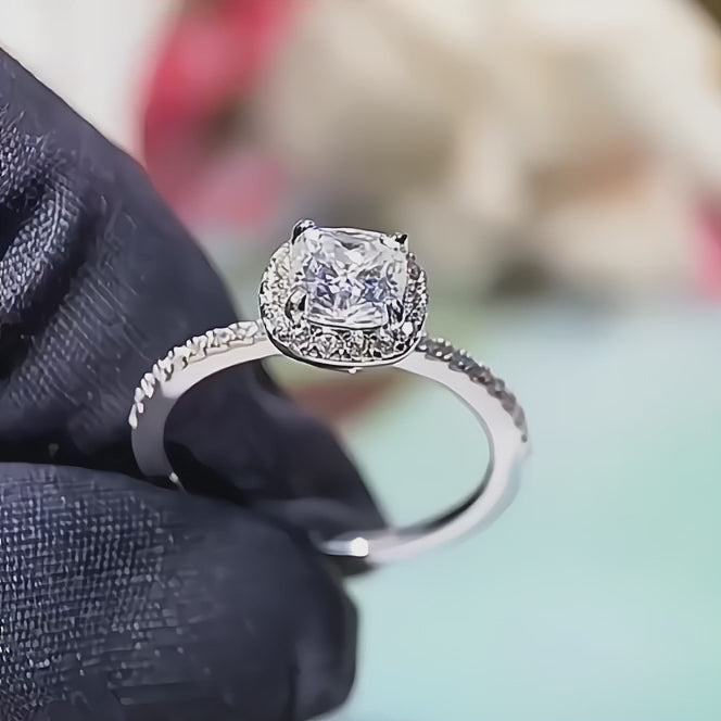 Cordelia Cushion Cut Solitaire Moissanite Ring in Sterling Silver with Platinum Coating