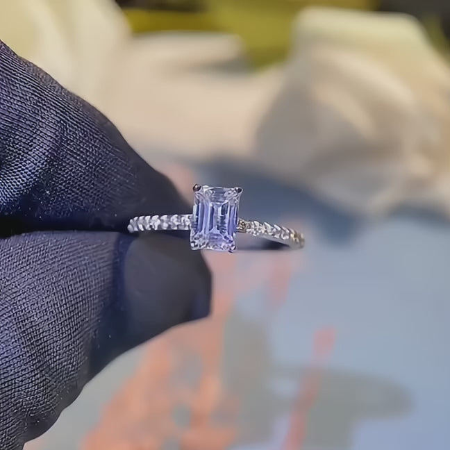 Seraphina Emerald Cut Solitaire Moissanite Ring in Sterling Silver with Platinum Coating