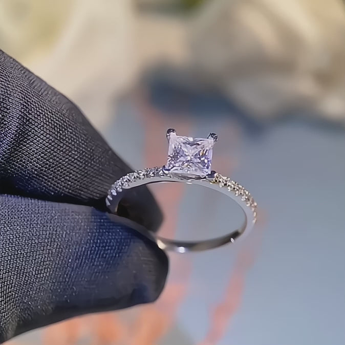 Evangeline Princess Cut Solitaire Moissanite Ring in Sterling Silver with Platinum Coating