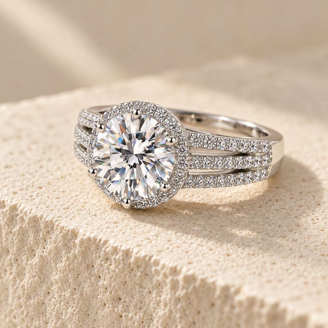 Halo Moissanite Ring with Triple Row Band